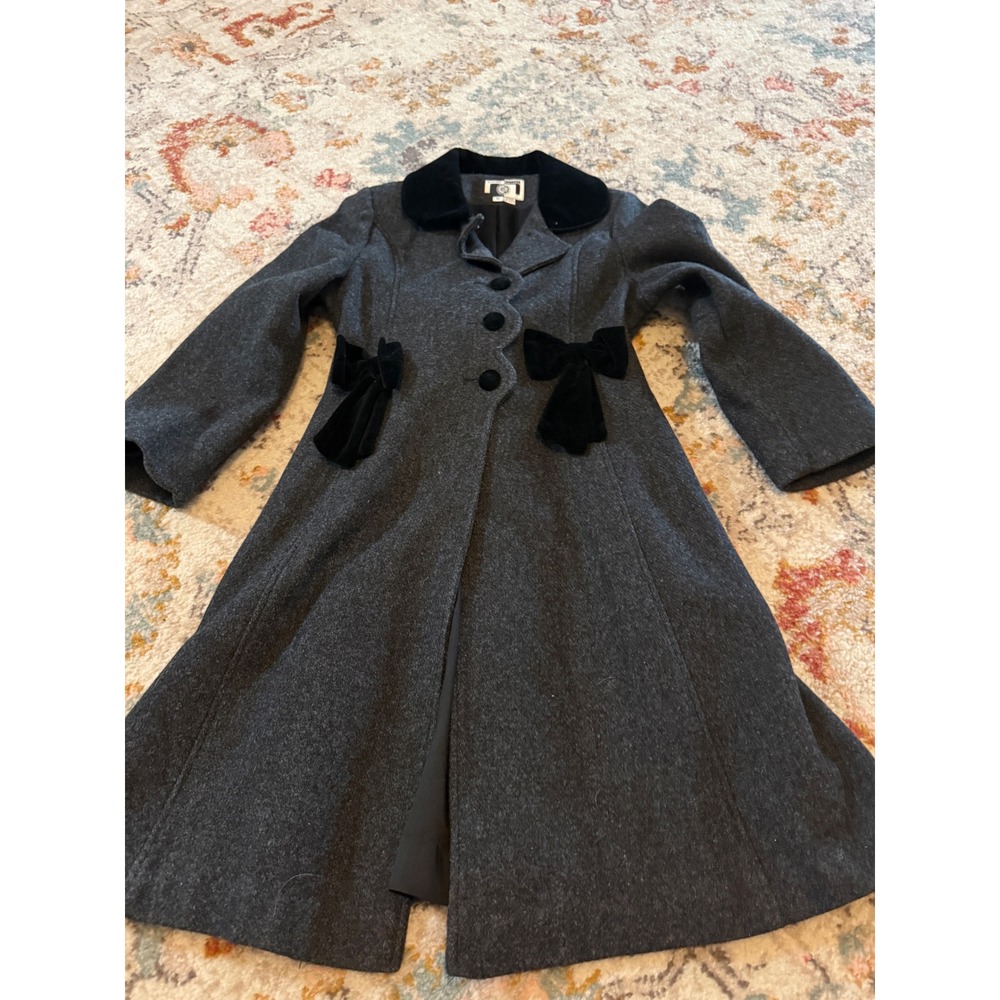 Vintage Young Gallery Wool Coat Grey Velvet Bows Academia Made in USA Size 12